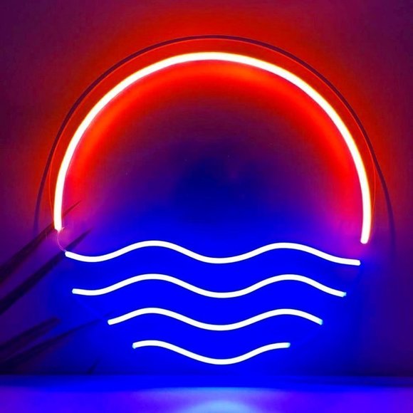 Neon Ocean Wave Sunset Blue Red Light Bedroom Beach Vacation Shelf Wall Decor - Picture 1 of 6